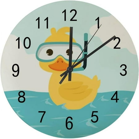 Dreamtimes Silent Wooden Round Wall Clock, 12 Inch Duck Snorkeling Non Ticking Battery Operated Clocks for Home Office Living Room Bedroom