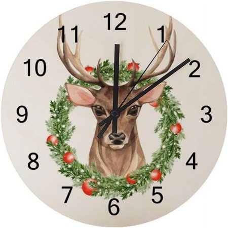 Dreamtimes Silent Wooden Round Wall Clock, 12 Inch Noble Deer Non Ticking Battery Operated Clocks for Home Office Living Room Bedroom