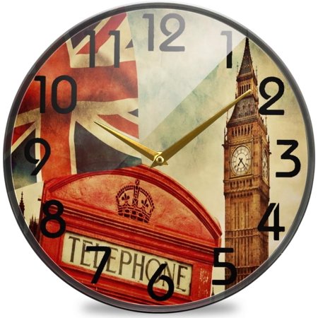 Dreamtimes Vintage London England UK Big Ben Round Wall Clock, 12 Inch Silent Battery Operated Quartz Analog Quiet Desk Clock for Home,Office,School