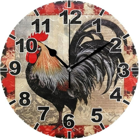 Dreamtimes Vintage Rooster Round Wall Clock, Battery Operated Silent Non Ticking Desk Clock for Home Bedroom Kitchen Office School Decor Wall Clock 10 Inch