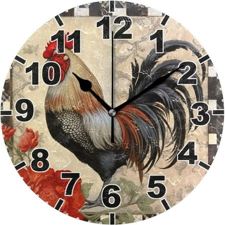 Dreamtimes Vintage Rooster Round Wall Clock, Battery Operated Silent Non Ticking Desk Clock for Home Bedroom Kitchen Office School Decor Wall Clock 10 Inch