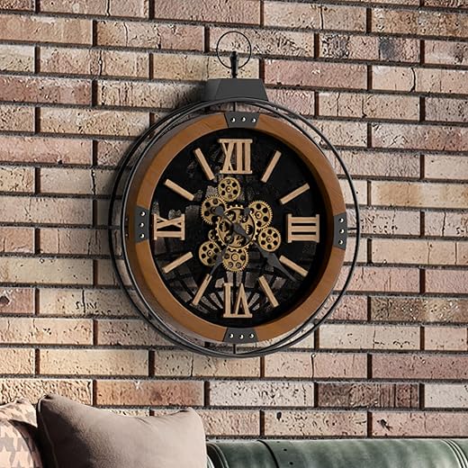 Driini 24 Inch Large Rustic Farmhouse Gear Clock with Moving Gears – Vintage Oversized Wall Clock with Iron Frame – Giant Industrial Steampunk Wall Clock for Living Room Décor (Walnut)