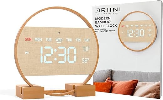 Driini Modern Large Digital Wall Clock - Bamboo Wood with Large LED Display- Day of Week, Time, Temperature, and Humidity - Aesthetic Living Room Clock or Office Wall Clock - Desk or Wall Mount.