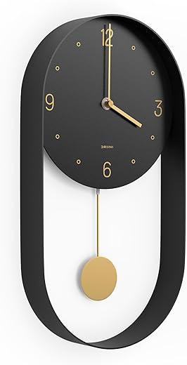 Driini Modern Pendulum Wall Clock - Decorative and Unique Metal Frame, with 8 Inch Face - Contemporary, Minimalist Design, with Silent Battery Operation - Includes Both Black and Gold Pendelum