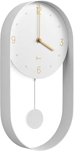 Driini Modern Pendulum Wall Clock - Decorative and Unique Metal Frame, with 8 Inch Face - Contemporary, Minimalist Design, with Silent Non Ticking Operation - Includes Both White and Gold Pendelum