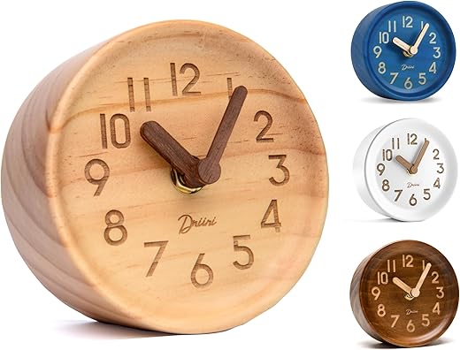 Driini Wooden Analog Desktop Clock – 4.3 in. Decorative Pinewood Clock, No-Tick Design – Easy to Read Silent Sweep Mantle Clock – Quiet Tabletop Clocks with Wood Body, Hands, & Battery Cover; Light