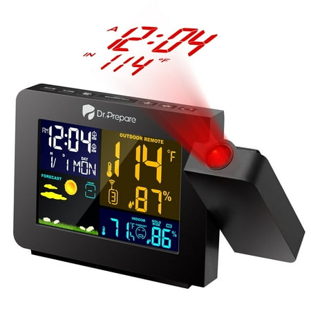 Dr. Prepare Projection Alarm Clock for Bedroom, Digital Alarm Clock with Indoor Outdoor Temperature Display/Dimmer/Weather Forecast