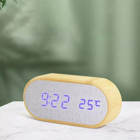 dvypyn Digital Alarm Clock Round Wooden Desk Clocks With 4 Alarms Sound Control50-100% Dimmer LED Electronic Clock For Bedroom Table Bedside Decor Blue