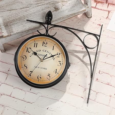 Dyna-Living Double Sided Wall Clock 7-inch Vintage Wall Clock Retro Train Station Clock Indoor Hanging Clock with Mute Chip for Living Room Bedroom Study Wall Decoration (Diameter 7 inches)