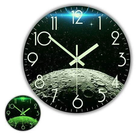 Earth And Moon Planet Luminous Wall Clock for Bedroom Astronomy Home Decor Universal Lunar Surface Glow In The Dark Wall Clock (38 x 38 cm 15inch)