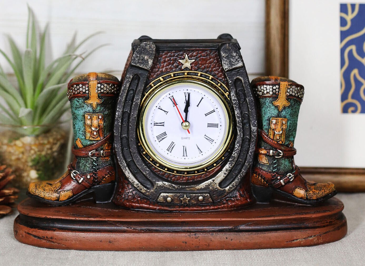 Ebros Country Western Star Lucky Horseshoe And Cowboy Boots Analog Desktop Clock