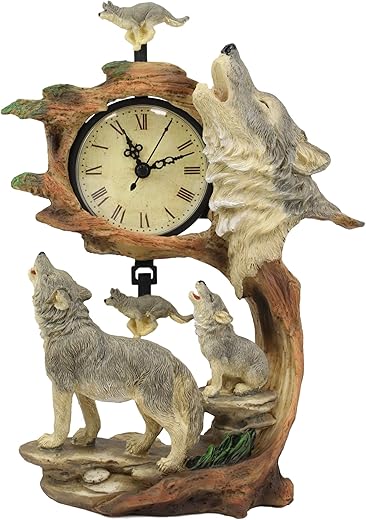 Ebros Moon Dancers Howling Gray Wolves Family Table Clock with Pendulum Alpha Wolf and Cub by Tree Forest Habitat Desktop Clocks Figurine