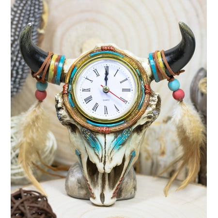 Ebros Southwestern Dreamcatcher Feathers Steer Cow Skull Desktop Table Clock