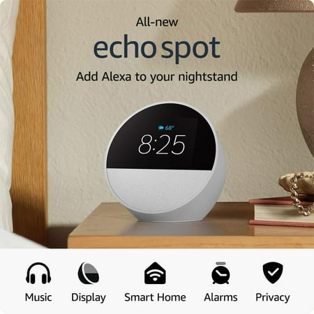 .Echo_Spot (2024 release), Smart alarm clock with vibrant sound + Alexa, Glacier White - New