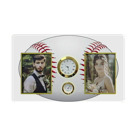 ECZJNT Baseball White Leather Red Stitches Family Couple Photo Picture Frame with Clock and Thermometer for Wall Hanging and Tabletop Display