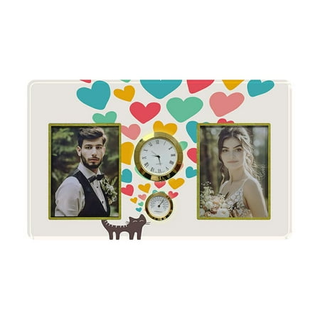 ECZJNT Cat In Love Family Couple Photo Picture Frame with Clock and Thermometer for Wall Hanging and Tabletop Display