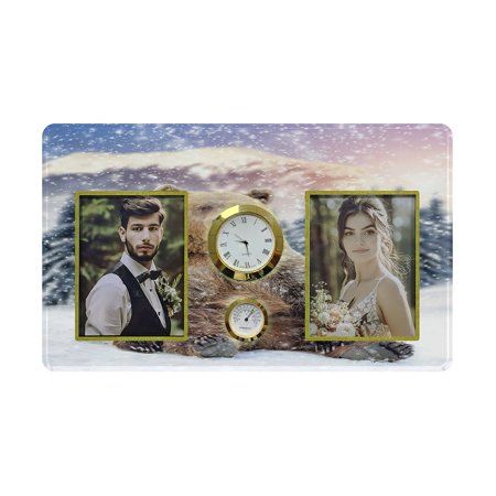 ECZJNT Close Wild Brown Bear In Winter Time Family Couple Photo Picture Frame with Clock and Thermometer for Wall Hanging and Tabletop Display