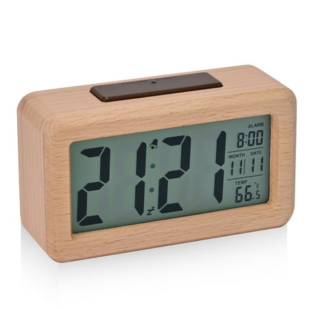 Electime Wooden Digital Alarm Clock with Smart Sensor Night Light, Month, Date, Temperature and Snooze, Electronic Clock for Home Bedroom, Battery Powered, LCD Screen