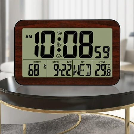 Electronic Digital Clock Battery Powered with Calendar Temperature Clock for Table, Dark Wooden Dark