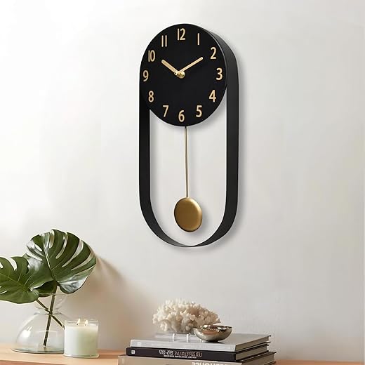 EmaxHome Stylish Minimalist Pendulum Black Wall Clock 8 Inch Modern Decorative Timepiece Silent Gold Pendulum Included Distinctive Metal Frame Design