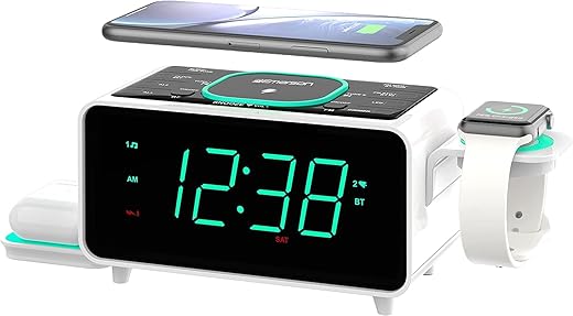 Emerson Smartset Dual Alarm Clock FM Radio with Wireless Charging, Bluetooth Speaker, Ultra Fast Charging for Airpods/iPhone, Foldable Stand, USB Charger, Adjustable LED Glow, ER100501