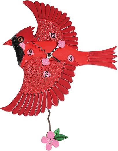 Enesco Allen Designs Cardinal's Song Bird with Flower Sculpted Pendulum Wall Clock, 12.2 Inch, Red