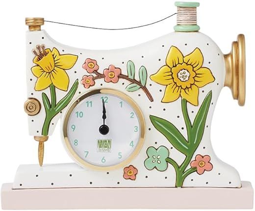 Enesco Allen Designs Sew Happy Sewing Machine Desk Clock - Battery Operated Pendulum Analog Clock, Stone Resin Decorative Clocks for Walls Home Decor Kitchen Clocks, 6.3 Inch