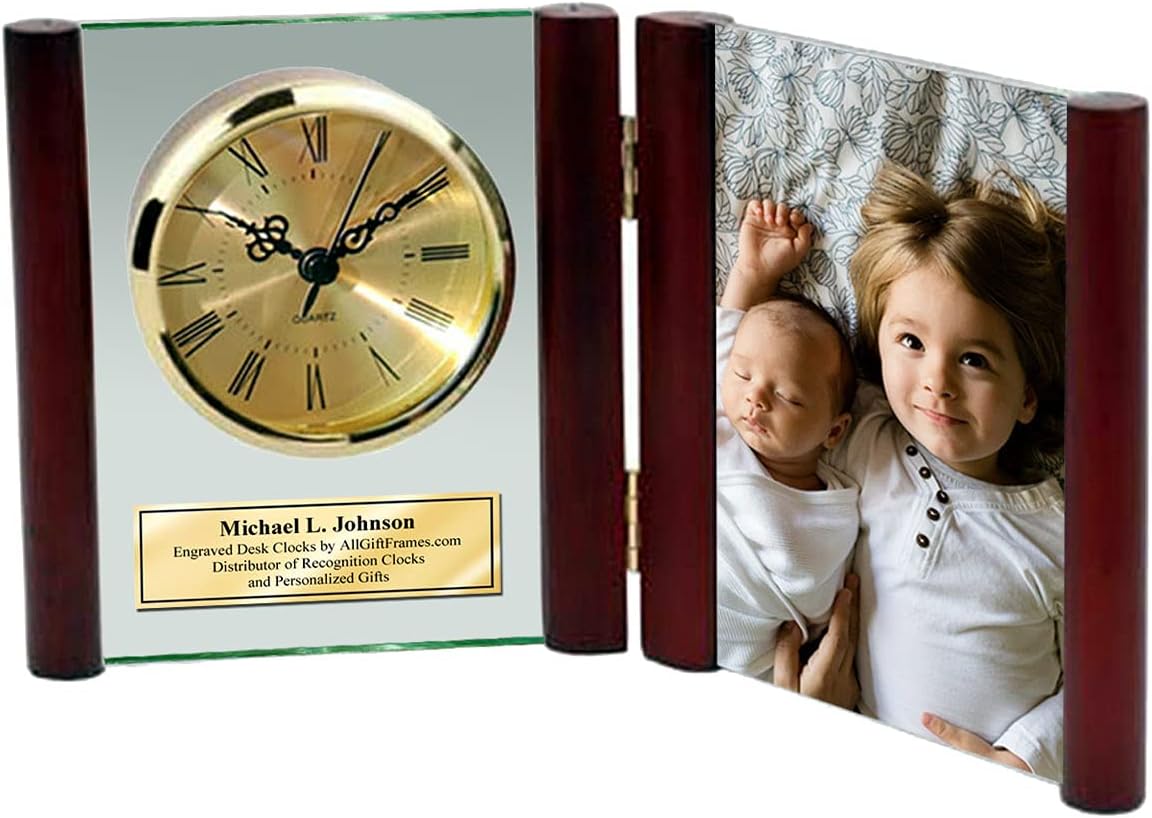 Engraved Hinged Glass Book Clock Wood Posts Photo Frame Holds 4 X 6 Picture Personalized Service Gift Retirement Award Employee Recognition Anniversary Wedding Appreciation Gift Birthday Retirement