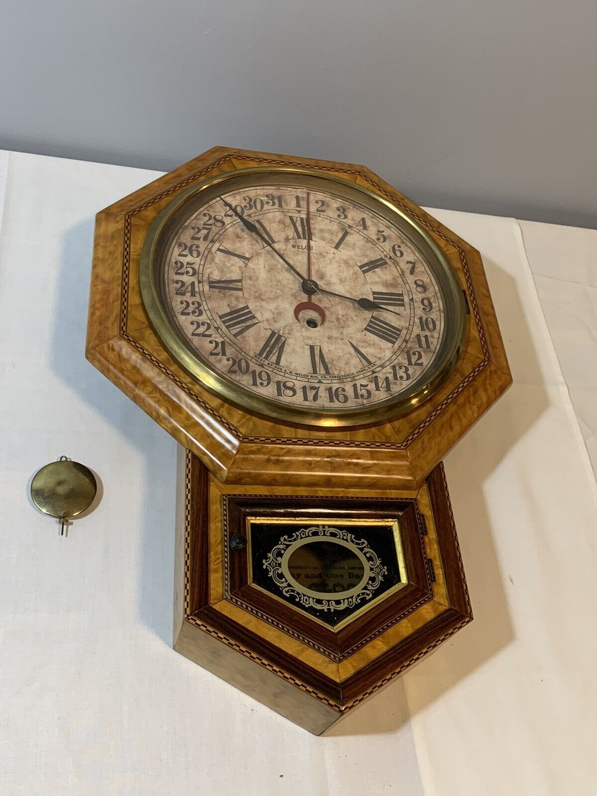 E. N. Welch Wooden 31 Day Calendar Brass Wall Clock Antique 1868 Eight Day One