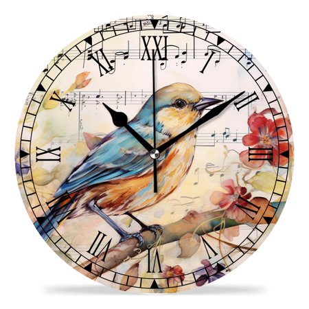 erolrail Rustic Wall Clock,Silent Non Ticking Wall Clocks for Living Room,Bedroom,Kitchen 12IN Retro Wine Bird Flower Painting