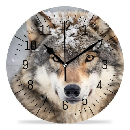 erolrail Rustic Wall Clock,Silent Non Ticking Wall Clocks for Living Room,Bedroom,Kitchen 12IN Wolf Snow Winter Picture