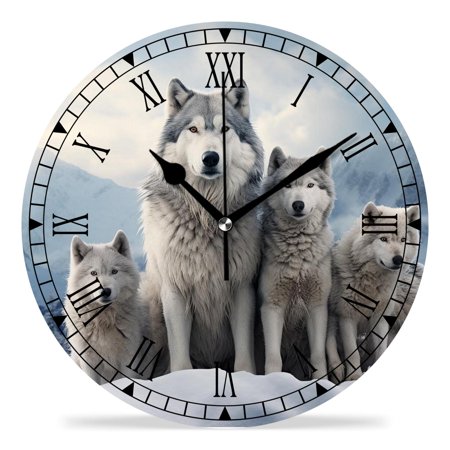 erolrail Rustic Wall Clock,Silent Non Ticking Wall Clocks for Living Room,Bedroom,Kitchen 12IN Winter Wolf Family 3D Forest Animals Multicolor