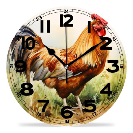 erolrail Rustic Wall Clock,Silent Non Ticking Wall Clocks for Living Room,Bedroom,Kitchen 12IN Farm Chicken and Rooster In The Grass Creative