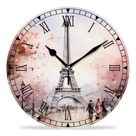 erolrail Rustic Wall Clock,Silent Non Ticking Wall Clocks for Living Room,Bedroom,Kitchen 12IN Eiffel Tower Pink Paris Cute Design