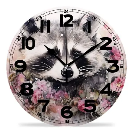 erolrail Rustic Wall Clock,Silent Non Ticking Wall Clocks for Living Room,Bedroom,Kitchen 12IN Cute Raccoon Flowers Colorful