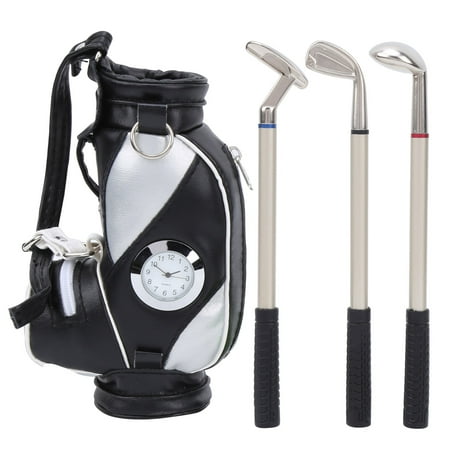 Estrela Mini Desktop Golf Bag Pen Clock Zinc Alloy PU Leather with Golf Pens Souvenir Set GiftBlack Silver