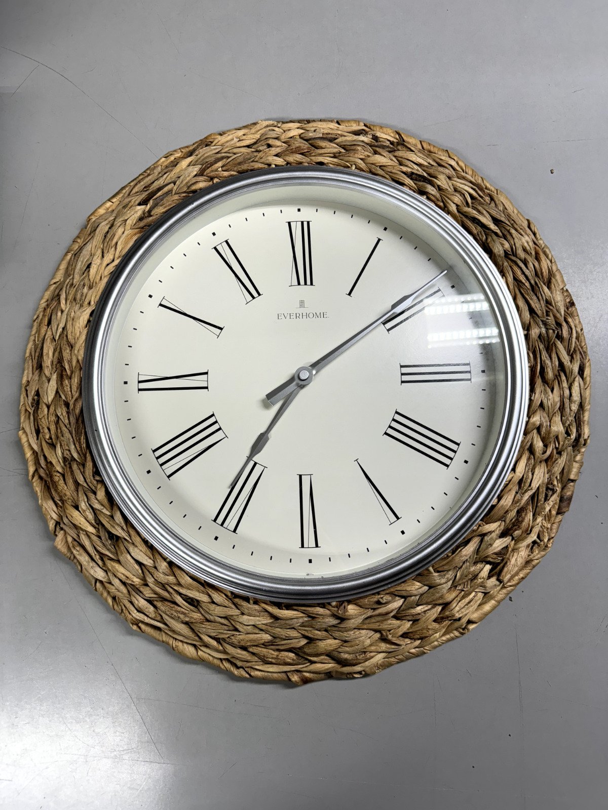 Everhome Round Wall Clock Silver - Woven Seagrass Water Hyacinth - 20" Dia.