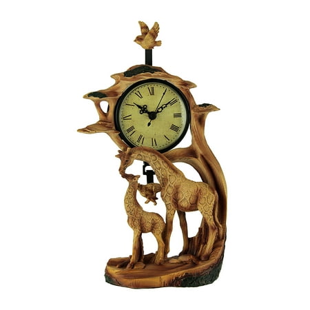 Everspring Giraffe Family On Safari Carved Wood Look Clock Figurine