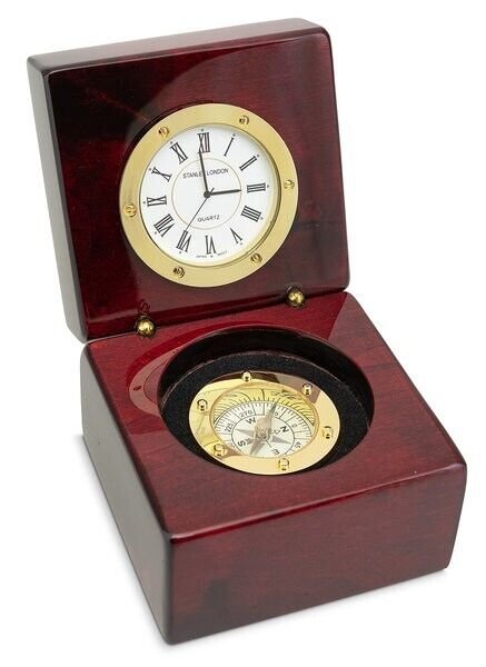 Executive Desk Clock with Compass in Rosewood Hinged Box