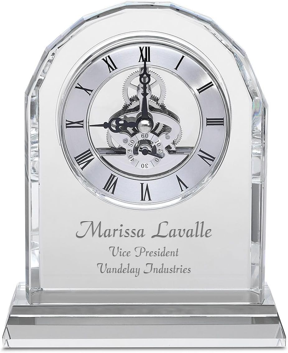 Executive Gift Shoppe Laser Engraved Solid Crystal Personalized Quartz Clock with Arched Top | Solid Crystal Mantle, Desk, Tabletop Clock