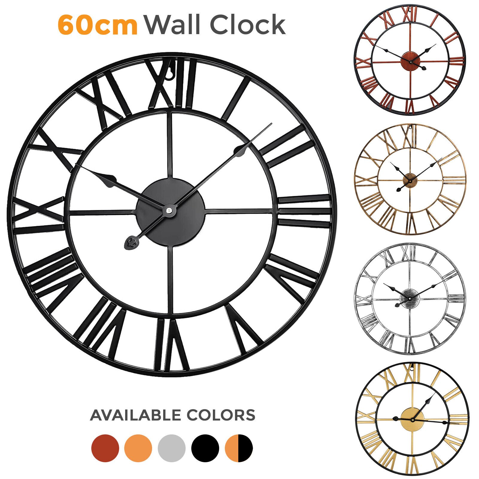 Extra Large Roman Numerals Skeleton Wall Clock Big Giant Open Face Round Home