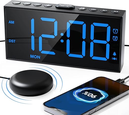 Extra Loud Alarm Clock for Heavy Sleepers Adults,Bed Shaker Alarm Clock with 2 Alarms for Everyday/Weekday/Weekend,Dimmer,Snooze,USB Charging Port,12/24H DST,Vibrating Clock for Hard of Hearing/Teens