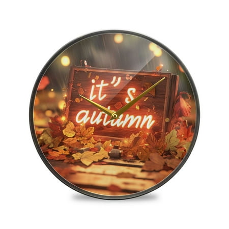 Fallen Maples Autumn Acrylic Round Clock Battery Operated Gold Pointer No Numbers Home Decor for Bedroom Office Study 9.5 Diameter