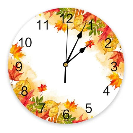 Fall Orange Watercolor Maple Leaf Retro Wall Clock Modern Design Silent Wall Watch for Bedroom Kitchen Round Hanging Clocks