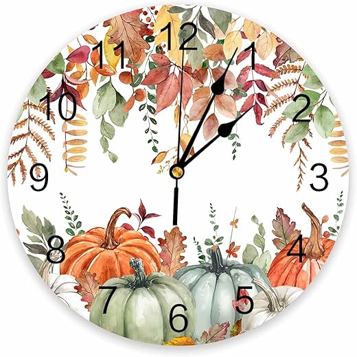 Fall Round Wall Clock 10 Inch Bedroom, Watercolor Pumpkins and Leaves Fall Botanical Silent Battery Operated Non Ticking Wall Clocks with Large Numbers Easy to Read for Home, Living Room, Thanksgiving