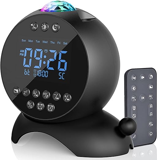 Fansbe Kids Alarm Clock Star Projector, Galaxy Projector Bedroom White Noise, Bluetooth Speaker Alarm Clock Bedroom Snooze Auto-Off Timer Remote Control 14 Soothing Sounds Black, 8W