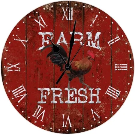 Farm Hen Rustic Rooster Wall Clock Kitchen Clock Old Red Wood Grain Round Decorative Clocks Battery Operated 9 Inch Silent Vintage Country Farm Home Decor Wall Decor For Bedroom Living Room Office