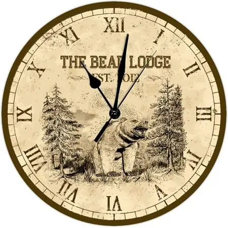 Farmhouse Bear Lodge Wall Clock Mountain Lodge Decor Customized Clock 12 Inch Round Wall Clocks Battery Operated Non-Ticking Rustic Wall Decor Home Decor For Bedroom Living Room Kitchen School Office