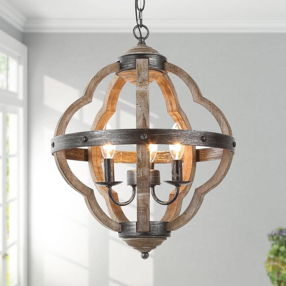 Farmhouse Chandelier Brushed Black Globe 3-Light Rustic Weathered Wood Geometric Cage Kitchen...