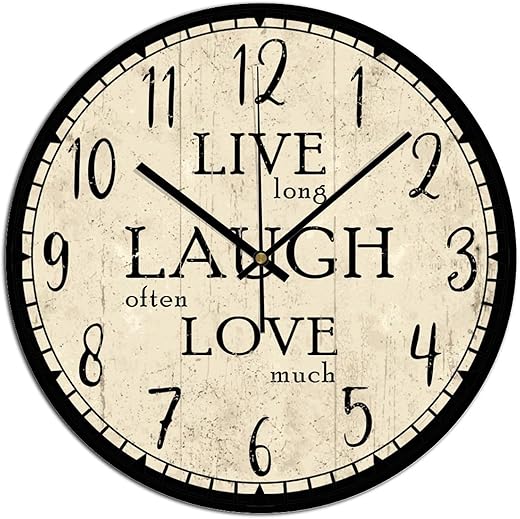 Fashion Wooden Wall Clock Silent Non Ticking Live Long Laugh Often Love Much Clock Round Wall Clock for Living Room Kitchen Home Bedroom Decoration 12 Inches